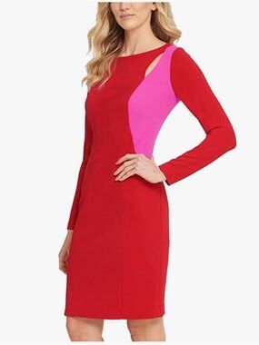 DKNY Red Sheath Dress with Hot Pink Accent